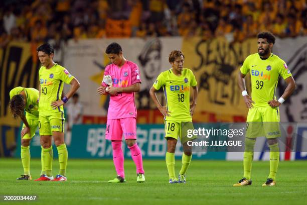 Sanfrecce Hiroshima players look dejected after the team's 0-1 defeat in the J.League J1 match between Vegalta Sendai and Sanfrecce Hiroshima at...