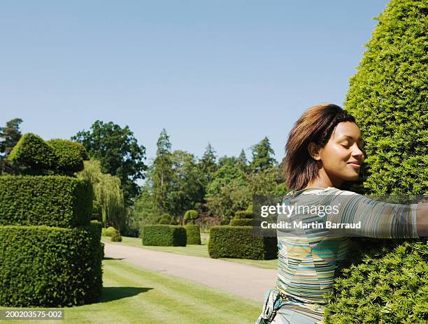 young woman hugging hedge in park, eyes closed - topiary - fotografias e filmes do acervo