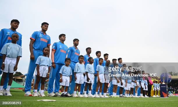 Players of India line up during the National Anthems ahead of the ICC U19 Men's Cricket World Cup South Africa 2024 Final between India and Australia...