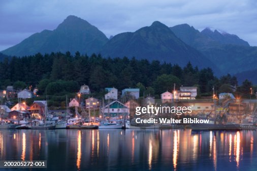 USA, Alaska, Sitka, harbor and town, evening