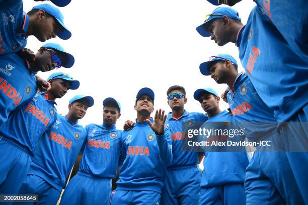 Players of India huddle prior to the ICC U19 Men's Cricket World Cup South Africa 2024 Final between India and Australia at Willowmoore Park on...