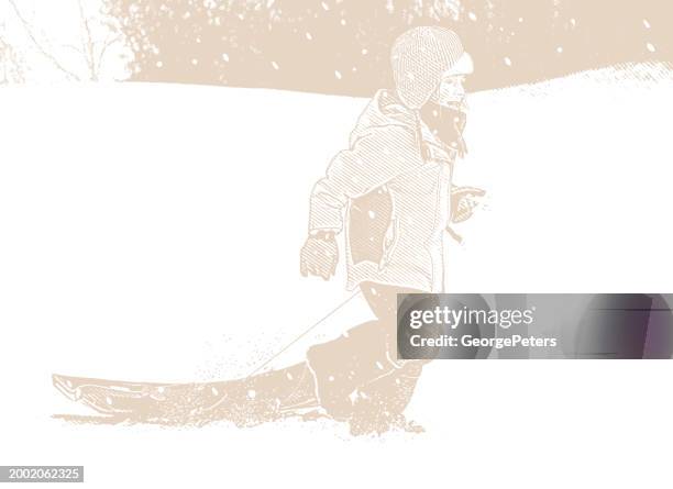happy girl sledding - pulling sledge stock illustrations