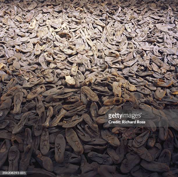 pile of old shoes at jewish memorial, full frame - holocausto stock-fotos und bilder