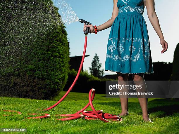 young woman watering lawn, low section - garden hose foto e immagini stock