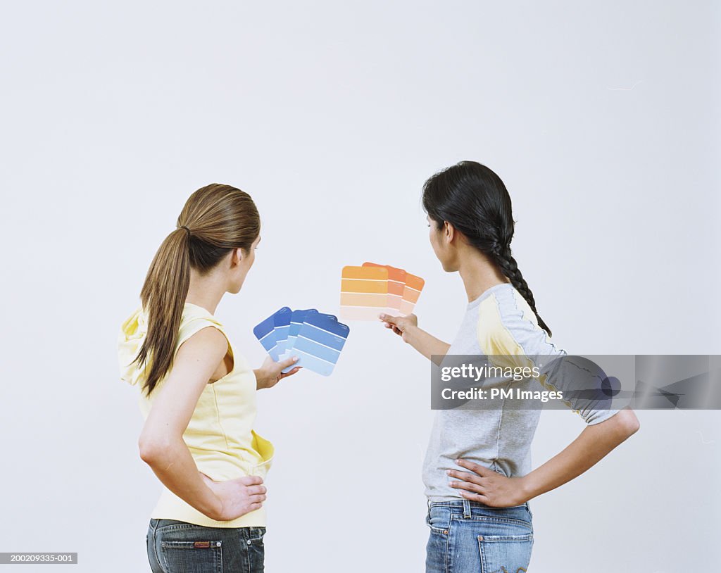 Two young women looking at color samples with hands on hips, rear view