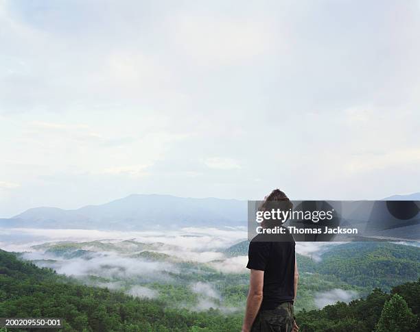 usa, tennessee, great smoky mountains, man by misty valley, looking up - look back stock pictures, royalty-free photos & images