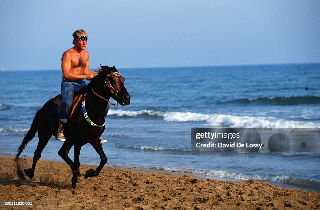 Young man on horseback, at beach