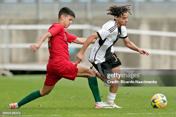 Afonso Sousa of U17 Portugal challenges Kilian Sauck of U17 Germany during the Portugal U17 v Germany U17 - Algarve Cup match on February 14, 2024 in...