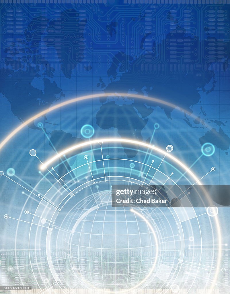 Globe with world map and circuit board in background (Digital)