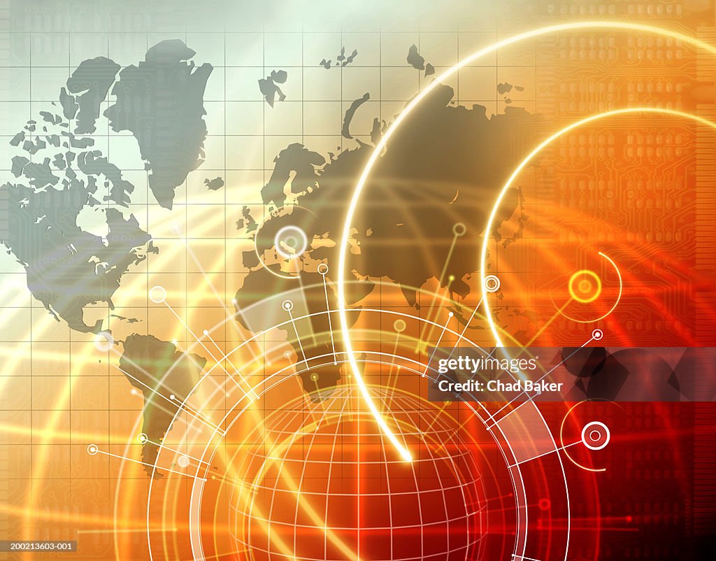 Globe with world map and circuit board in background (Digital)