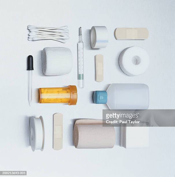 medical and first aid supplies - first aid kit imagens e fotografias de stock