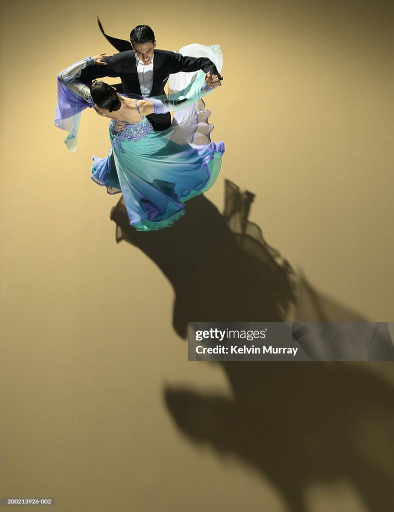 Young couple ballroom dancing, elevated view