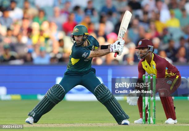 Glenn Maxwell of Australia and w29during game two of the mens T20 International series between Australia and West Indies at Adelaide Oval on February...