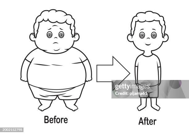 black boy before and after weight loss. full length, isolated on solid color background. - before and after weight loss stock illustrations