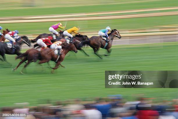 jockeys racing horses on race track (blurred motion) - レース ストックフォトと画像