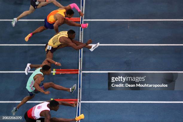 Grant Holloway of USA leads as he competes in the 60m Hurdles Men Final during the Meeting Hauts de France Pas de Calais EDF Trophy as part of the...