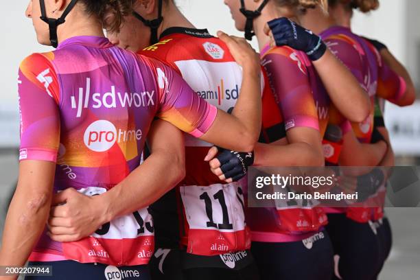 Detail view of Lotte Kopecky of Belgium - Red Leader Jersey, Femke Gerritse of The Netherlands, Barbara Guarischi of Italy, Femke Markus of The...