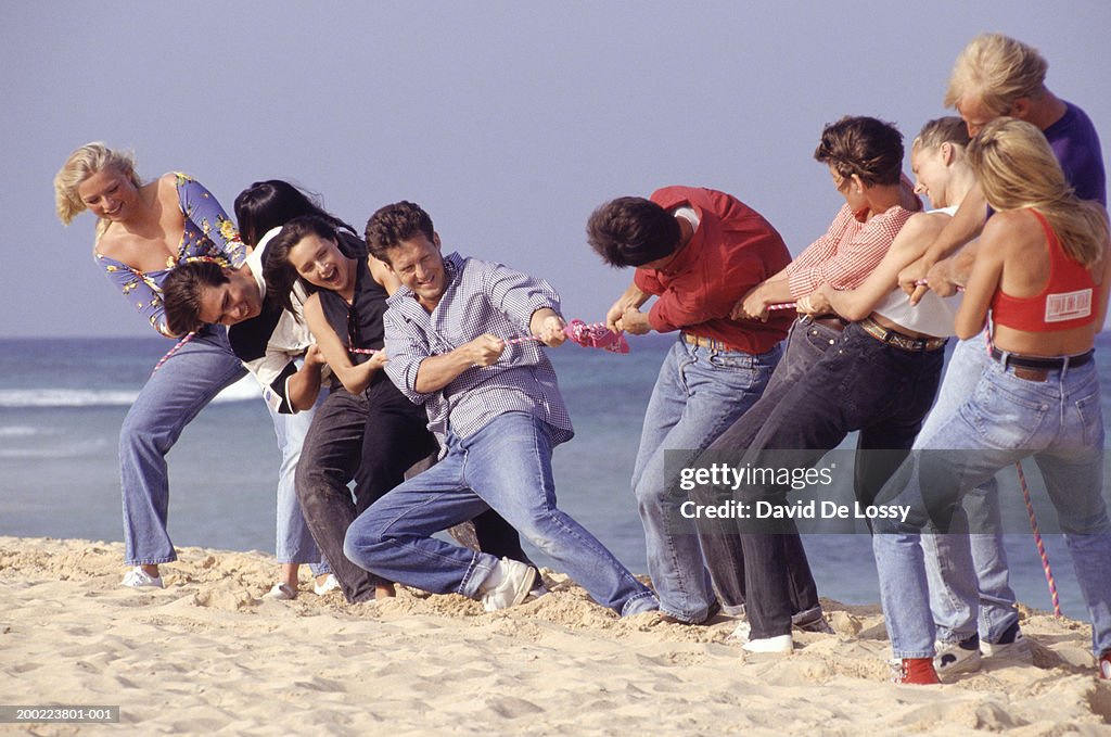 Group of people playing tug-of-war on beach