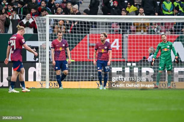 Xaver Schlager of RB Leipzig, Lukas Klostermann of RB Leipzig, Kevin Kampl of RB Leipzig and Goalkeeper Peter Gulacsi of RB Leipzig looks dejected...