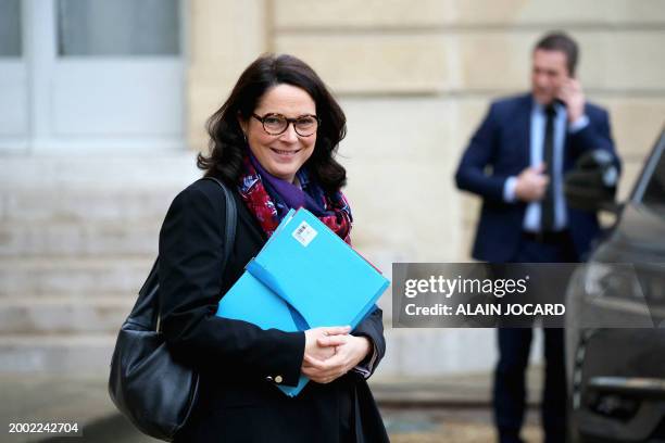 France's Secretary of State for Digital Technologies Marina Ferrari leaves the Elysee palace in Paris after the weekly Cabinet meeting on February...