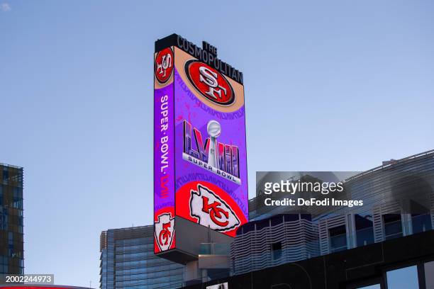 Commercial sign show the logos of the Super Bowl LVIII, the San Francisco 49ers and the Kansas City Chiefs ahead of Super Bowl LVIII on February 10,...