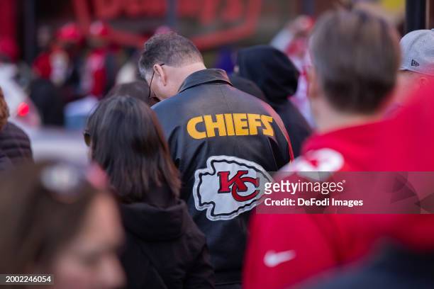 The logo of the Kansas City Chiefs on the back of a supporter ahead of Super Bowl LVIII on February 10, 2024 in Las Vegas, Nevada.
