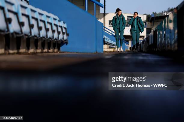 Katie Johnson and Summer Holmes of Wolverhampton Wanderers arrive at the stadium ahead of the Adobe Women's FA Cup Fifth Round match between...