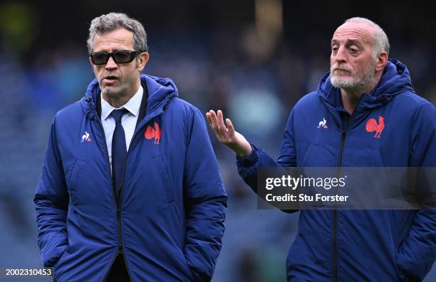 France attack Coach Patrick Artellaz with head caoch Fabien Galthie prior to the Guinness Six Nations 2024 match between Scotland and France at BT...