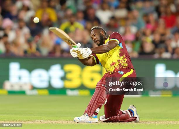 Andre Russell of the West Indies during game two of the mens T20 International series between Australia and West Indies at Adelaide Oval on February...