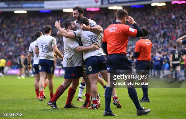 Charles Ollivon of France celebrates with team mates after the Guinness Six Nations 2024 match between Scotland and France at BT Murrayfield Stadium...