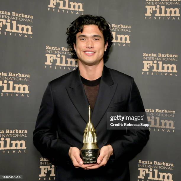 Honoree Charles Melton poses with their Virtuosos Award during the 39th Annual Santa Barbara International Film Festival at The Arlington Theatre on...
