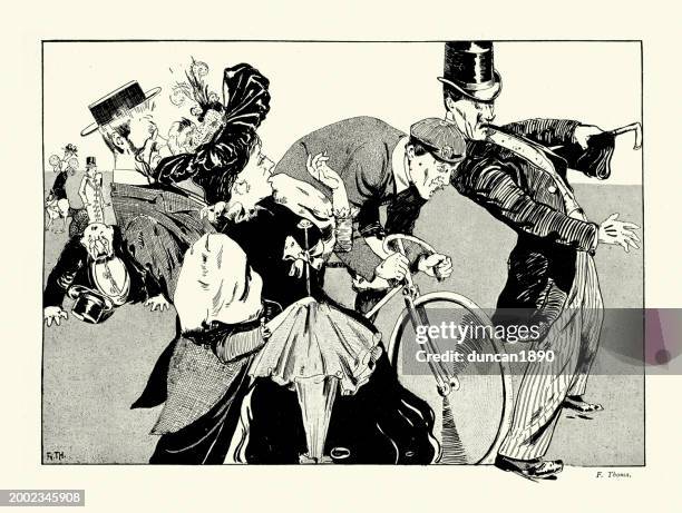 man on bicycle, reckless cyclist knocking over pedestrians, victorian, 1890s, 19th century - art nouveau stock illustrations