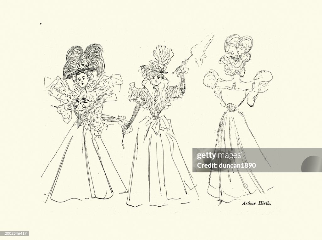 Sketch of womens fashions, Art Nouveau, 1890s, 19th Century
