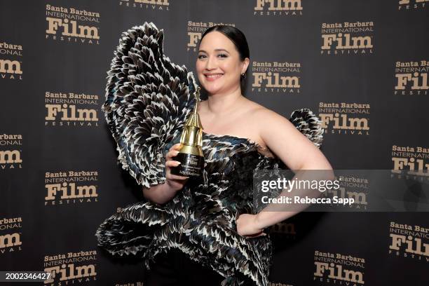Honoree Lily Gladstone poses with their Virtuosos Award during the 39th Annual Santa Barbara International Film Festival at The Arlington Theatre on...