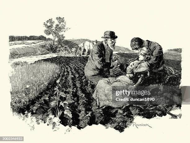 two men helping a woman who has fainted while walking in countryside, german, jugendstil, art nouveau, 1890s, 19th century - fainting stock illustrations