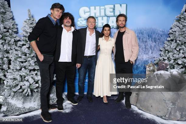 Nicolas Altmayer, Christian Ronget, Franck Dubosc, Reem Kherici and Philippe Lacheau attend the "Chien Et chat" Premiere at Cinema UGC Normandie on...