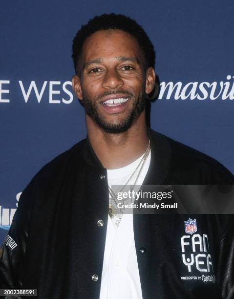 Victor Cruz arrives at SI The Party at XS nightclub at Encore Las Vegas on February 10, 2024 in Las Vegas, Nevada.