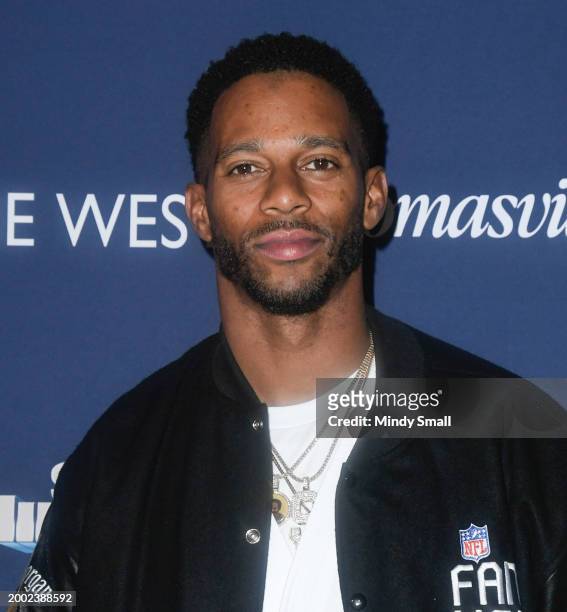 Victor Cruz arrives at SI The Party at XS nightclub at Encore Las Vegas on February 10, 2024 in Las Vegas, Nevada.