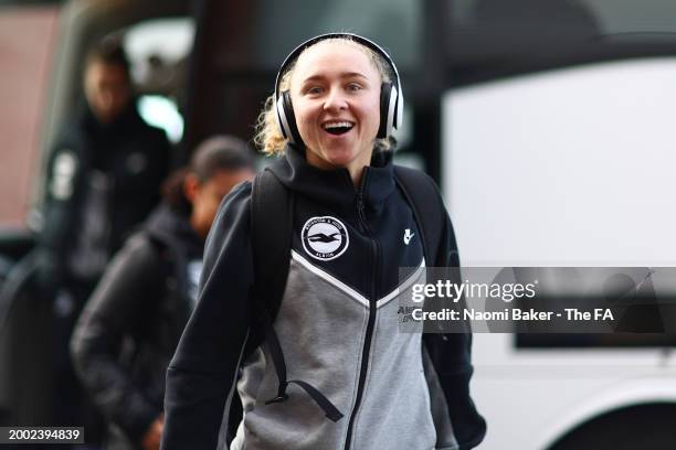 Katie Robinson of Brighton & Hove Albion arrives at the stadium prior to the Adobe Women's FA Cup Fifth Round match between Wolverhampton Wanderers...