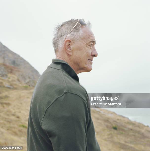 mature man standing on overlook, profile - man side view stock pictures, royalty-free photos & images