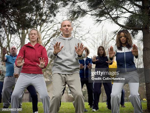 group of people performing tai chi in park - taijiquan photos et images de collection