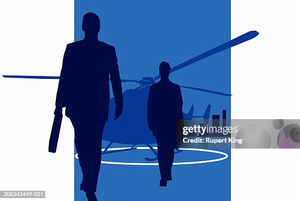 two figures walking by helicopter - helipad stock illustrations