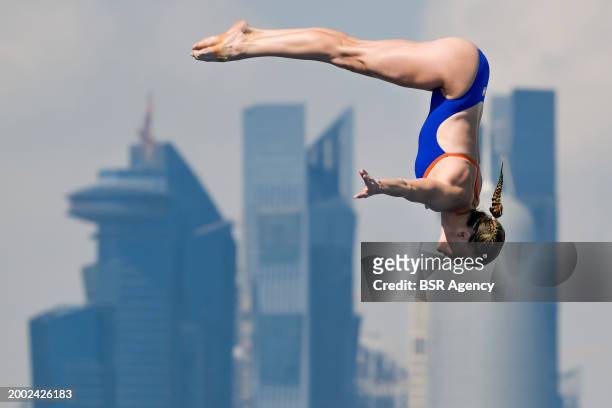Ginni Van Katwijk of The Netherlands competing in the Woman 20m on Day 12: High Diving of the Doha 2024 World Aquatics Championships on February 13,...