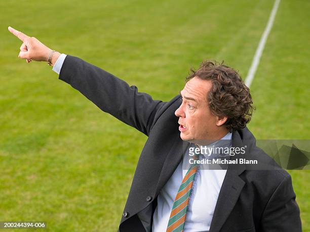 manager at side of pitch pointing into distance, close-up, side view - cheftrainer stockfoto's en -beelden