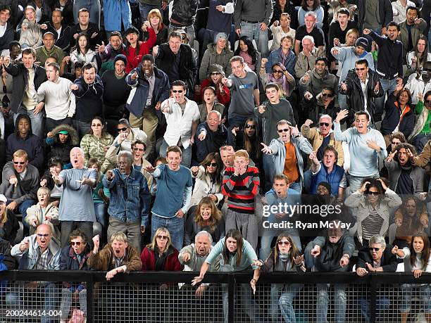 stadium crowd pointing and shouting in same direction, full frame - angry people stockfoto's en -beelden