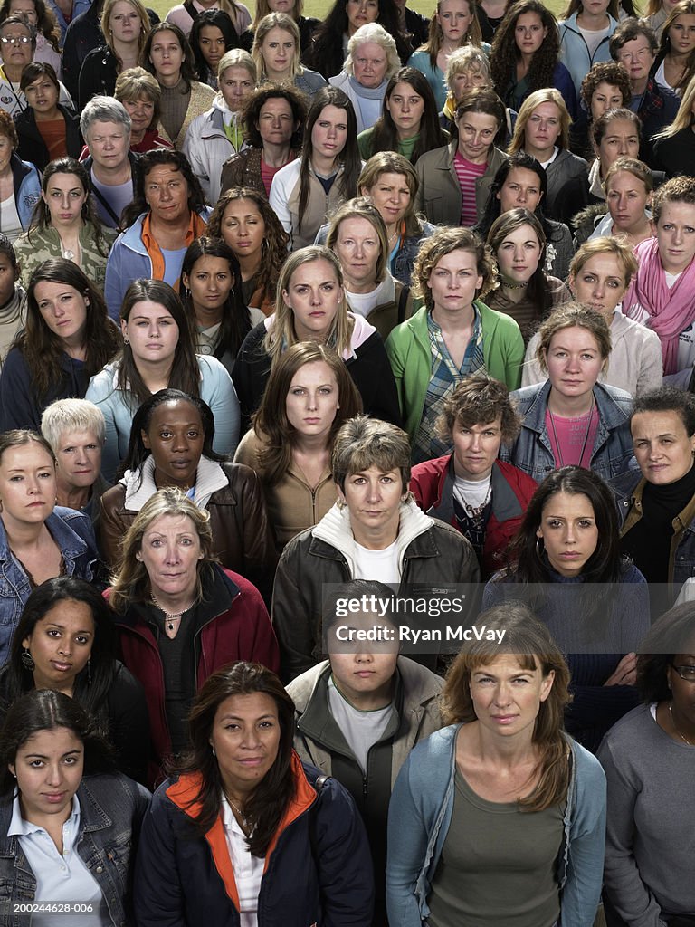 Crowd of women looking upwards, portrait, elevated view