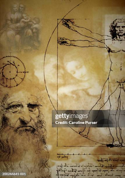 ilustraciones, imágenes clip art, dibujos animados e iconos de stock de collage of leonardo da vinci works (digital composite) - leonardo da vinci