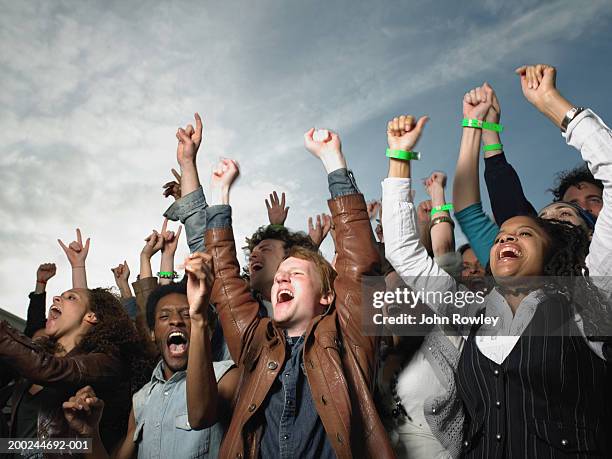 stadium crowd cheering, arms raised, low angle view - tribüne stock-fotos und bilder