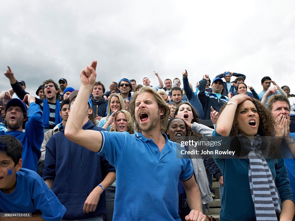 Stadium crowd jeering, open mouthed and pointing, low angle view