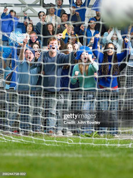 cheering crowd watching football in front of goal, view through net - crowd cheering background stock pictures, royalty-free photos & images